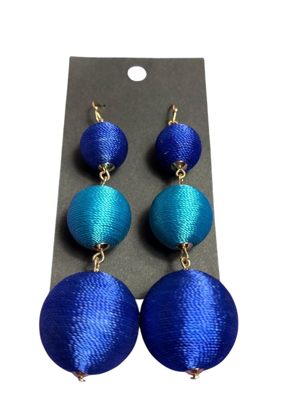 Chunky Statement Thread Wrapped Beaded Graduated Dangle Earrings Blue Teal 3 in